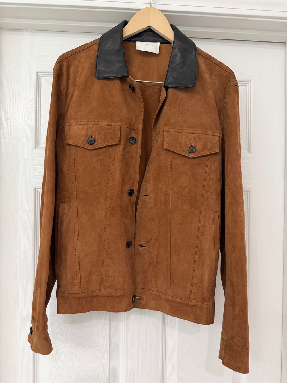 7 For All Mankind Tan Suede Bomber Jacket with Black Leather Collar